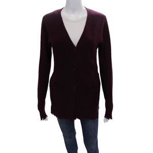 R+A Womens Cardigan V-Neck Purple 100% Cashmere Long Sleeve Size S